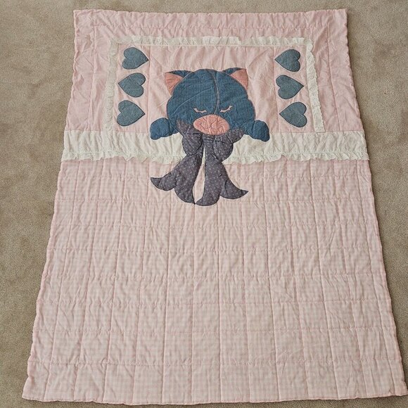 VTG Cuddle Cat Handmade Blanket Quilt 41x55 Pink White Gingham Blue Kitty Hearts - Picture 1 of 6